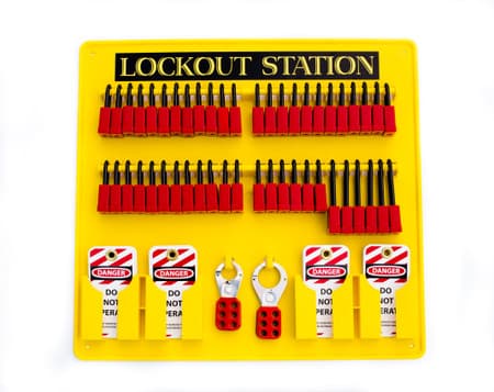Lockout Station, Yellow Plastic, with locks, hasps, and tags.