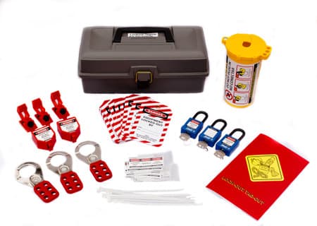 Lockout Tagout Kit, Grey Toolbox with locks and plug lockout device