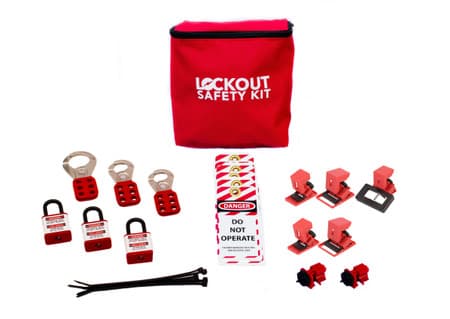 Lockout Tagout Kit with pouch, three lockout padlocks and an assortment of breaker lockout devices.