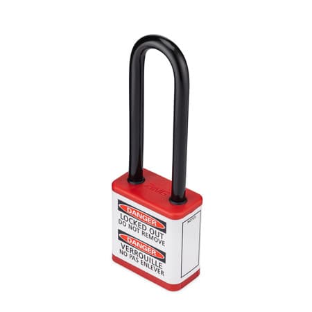 lockout padlock, 3" shackle, red, bilingual label