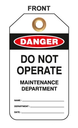 Lockout Tags, Do Not Operate Maint. Dept. , 10/pk - Front