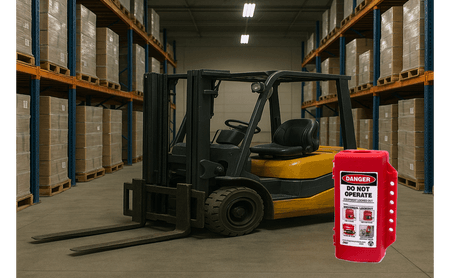 ZING 7294 Universal Plug/Forklift/Cylinder Lockout show in a lifestyle photo with a forklift
