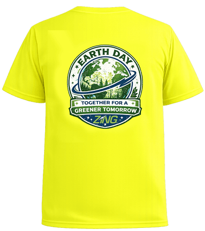 High-visibility yellow Earth Day T-shirt shown from the back, featuring a large full-color graphic with a globe, trees, and the message “Earth Day Together for a Greener Tomorrow” above the Zing logo.