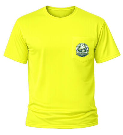 High-visibility yellow Earth Day T-shirt shown from the front, featuring a left chest pocket with a small full-color Earth Day graphic and Zing logo.