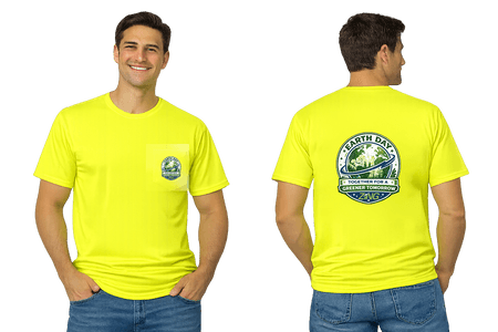 Male model wearing the high-visibility yellow Earth Day T-shirt, shown in side-by-side front and back views. The front features a left chest pocket graphic, while the back displays a large Earth Day design with the message “Together for a Greener Tomorrow” and Zing branding.