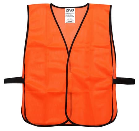 Front view of orange non-ANSI mesh safety vest with black trim, hook and loop front closure, and elastic side straps