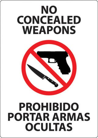 No Concealed weapons Sign, Billingual