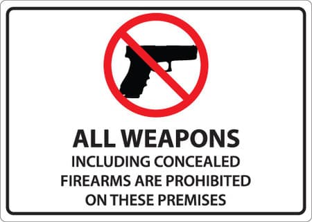 Front Facing View Of All Weapons Including Concealed Firearms Are Prohibited On These Premises Sign