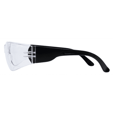 Clear frameless safety glasses with black temple, left side view