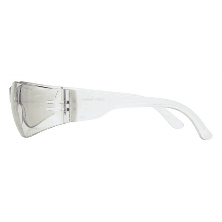 Light gray lens frameless safety glasses with translucent white temple, side view