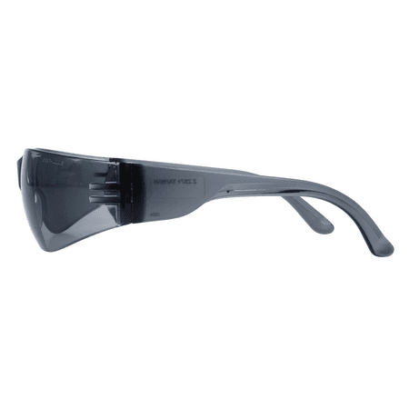 Gray lens frameless safety glasses with gray temple, right side view