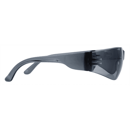 Gray lens frameless safety glasses with gray temple, left side view