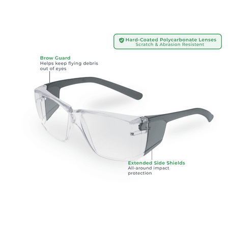 Clear wraparound safety glasses with gray temples, angled front view