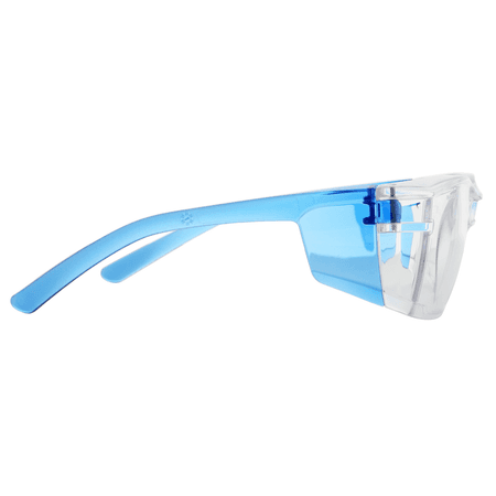 Blue and clear wraparound safety glasses, side view
