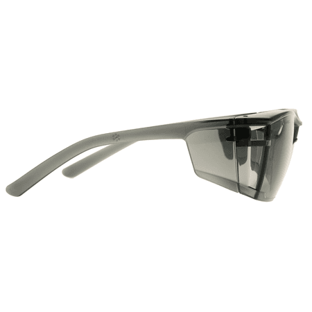 Gray wraparound safety glasses with smoke lenses, side view