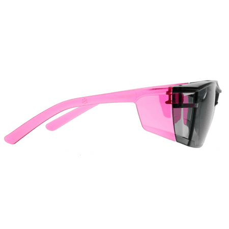 Pink wraparound safety glasses with smoke lenses, right side view