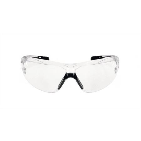 Clear lens wraparound safety glasses with brow guard, front view