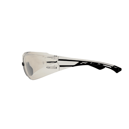 Wraparound safety glasses with clear lens and black temple arms, side view