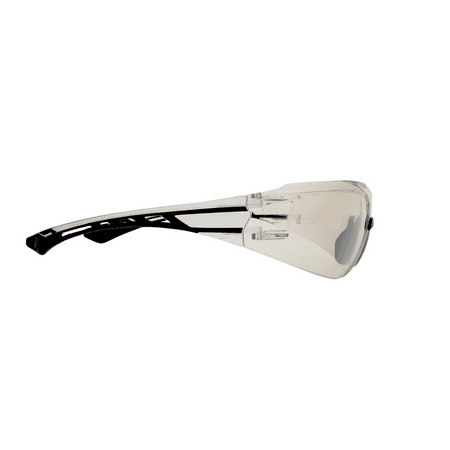 Protective safety glasses with clear wraparound lens and black temples, opposite side view