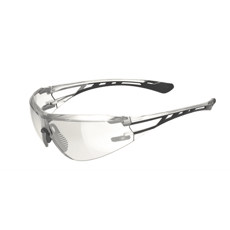 Clear lens wraparound safety glasses with black temple tips, angled front view