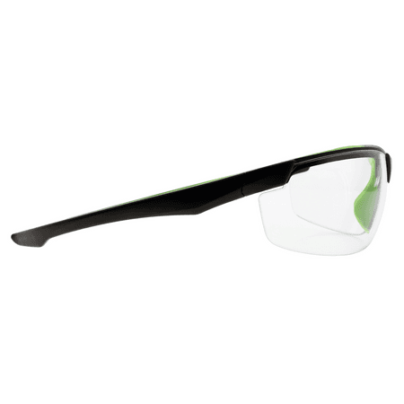 Safety glasses with clear lens and black frame with lime green accents, side view