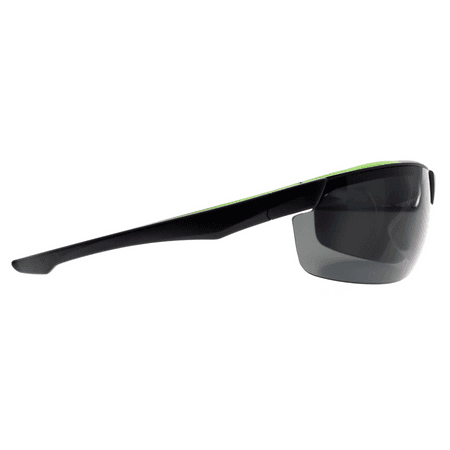 ANSI safety glasses with tinted lens and black frame, side view