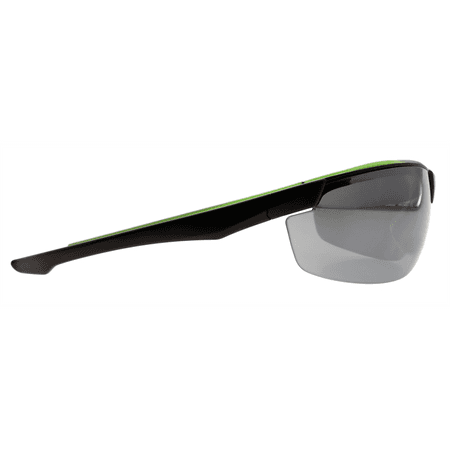 Smoke lens protective eyewear with black frame, side profile