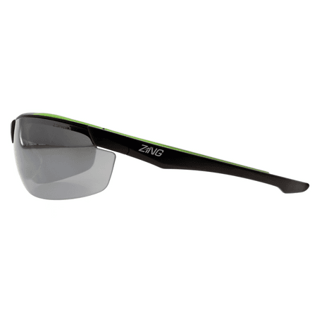 Tinted safety eyewear with black frame, angled view