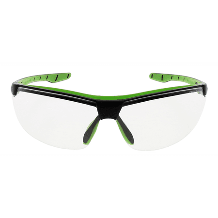 Safety glasses with clear lens and black frame with lime green accents, front view
