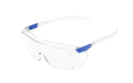 Clear lens frameless safety glasses with white and blue temples, angled front view