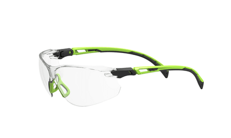 Clear lens safety glasses with green and black frame, side view