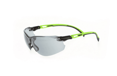 Smoke lens safety glasses with green and black frame, angled front view