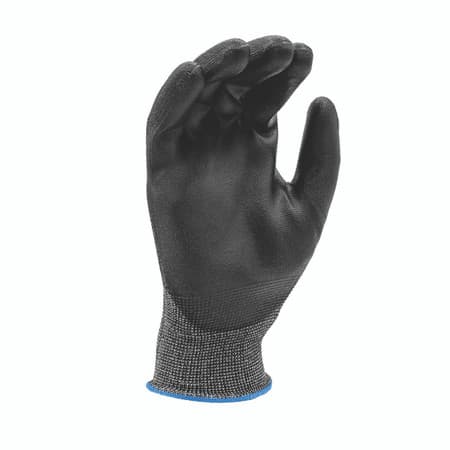 Gray speckled work glove with black polyurethane-coated palm, palm view