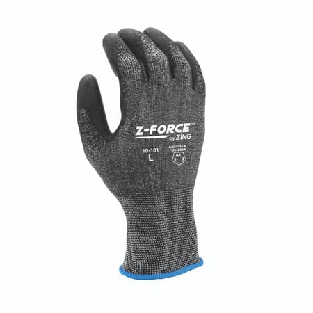 Gray speckled knit work glove with black palm coating, back view