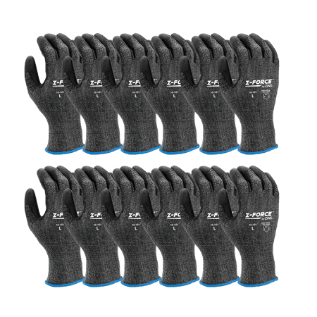 Pack of gray speckled knit work gloves with black palm coating and blue cuffs