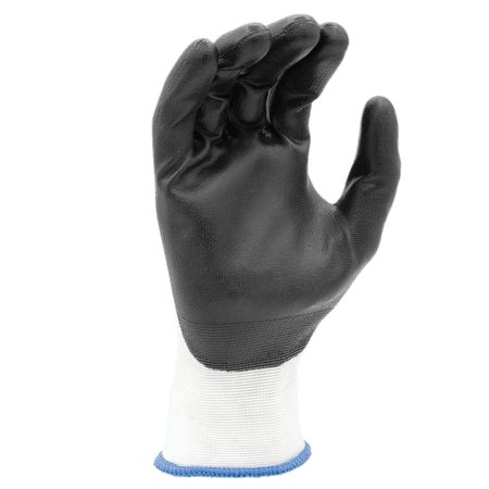 Black coated work glove with white knit cuff, palm view