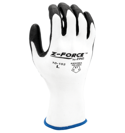 White knit work glove with black coated palm and fingers, back view