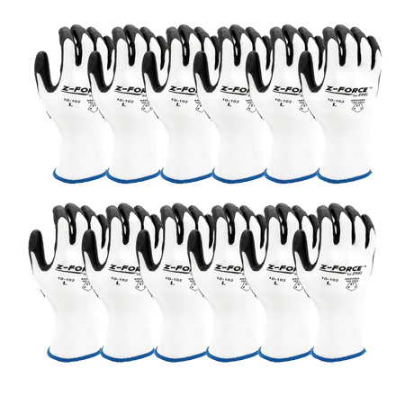 White knit work glove with black coated palm and fingers, back view - 12 Pack