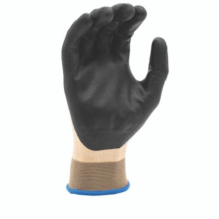 Tan knit work glove with black coated palm, palm view