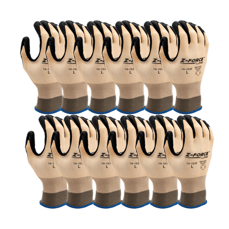 Pack of tan cut-resistant knit work gloves with black palm coating and blue cuffs