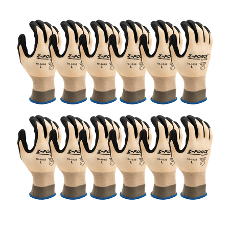 Pack of beige knit work gloves with black palm coating and blue cuffs