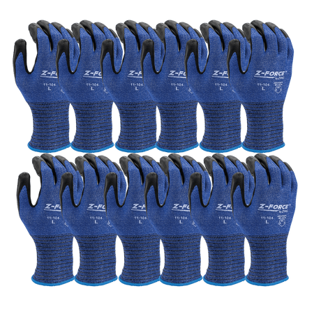 Pack of blue knit work gloves with black palm coating and black cuffs