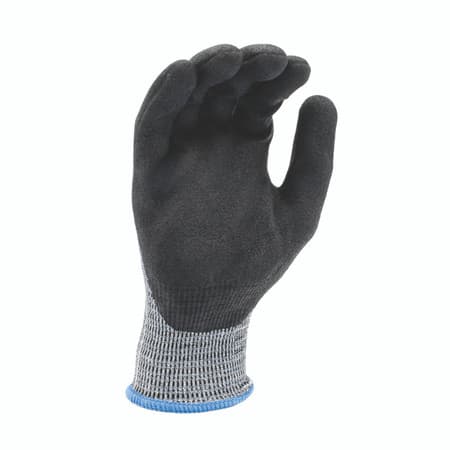 Gray knit safety glove with black palm coating, back view
