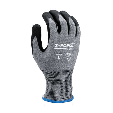 Gray knit safety glove with black coated palm and fingers, front view