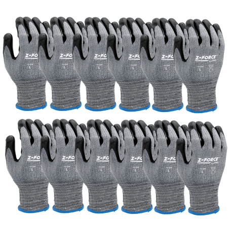 Pack of gray cut-resistant knit work gloves with black palm coating and blue cuffs