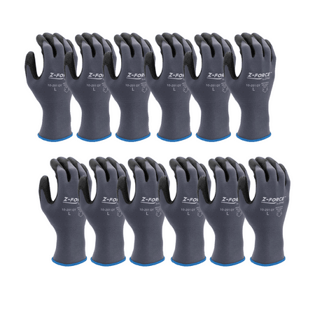 Pack of gray knit work gloves with black coated palms and blue cuffs