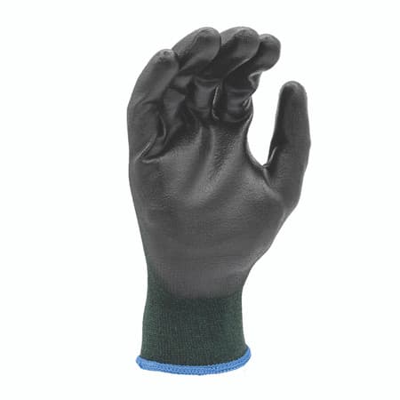 Black coated work glove with green knit cuff, palm view