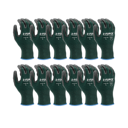 Pack of green knit work gloves with black coated palms and blue cuffs