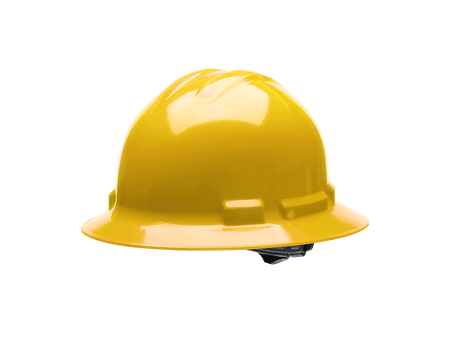 High-visibility yellow industrial hard hat with front brim and interior suspension system