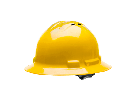 High-visibility yellow vented construction hard hat with front brim and interior suspension system